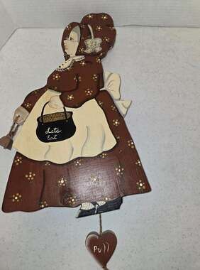 Vintage Hand-Painted Wooden Grandma Pull String Dinner Bell Wall Hanging